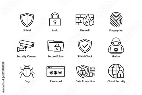 Cybersecurity icon set featuring shield, lock, and firewall symbols