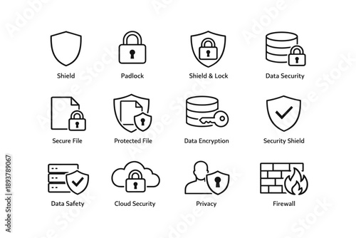 Security icons collection: shield, padlock, data, and privacy symbols