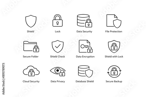 Icon set: data security, file protection, cloud security, data privacy, encryption