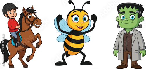 Cute cartoon character set with horse rider boy, funny bee mascot and Frankenstein monster kid illustration