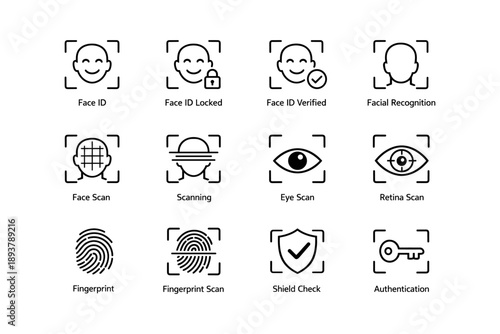 Facial recognition and security icons set with biometric symbols
