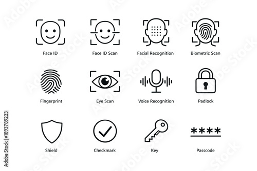 Biometric security icons set: face id, fingerprint, voice recognition, lock, shield, key