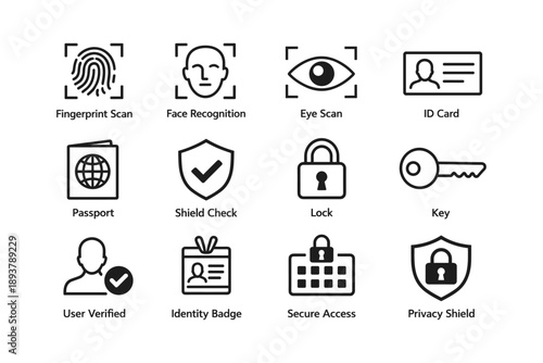 Biometric icons set: fingerprint, face, eye scan, and security elements