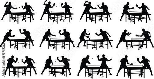 Ping pong silhouettes set of table tennis players in action positions, professional athletes sports icons isolated on white background for vector design,
