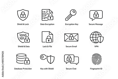 Secure digital icons: shield, encryption, lock, message, vpn, database, fingerprint