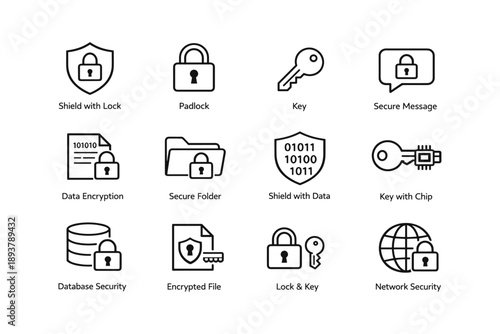 Secure icons: lock, key, encryption, and network security symbols