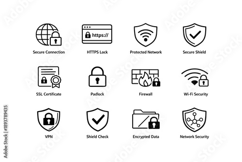 Secure connection icons: ssl, https, firewall, vpn, shield, network security symbols