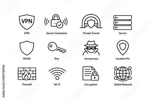 Vpn, secure connection, private tunnel, server, shield, key, anonymous, location pin icons
