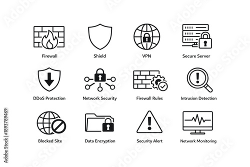 Network security icons: firewall, vpn, intrusion detection, data encryption