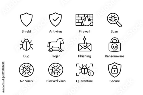 Cybersecurity icons for antivirus, firewall, malware protection, and secure data