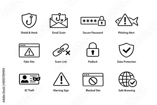 Cybersecurity icons: phishing, passwords, and data protection symbols