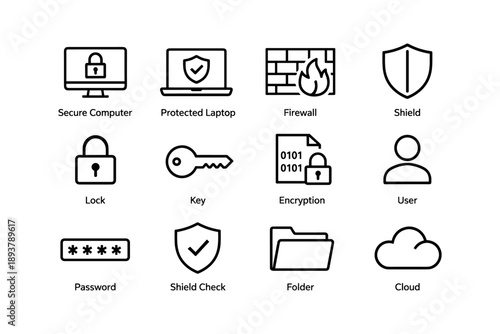 Cybersecurity icons set: secure computer, firewall, encryption, shield, password