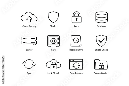 Cloud backup and data security icons: shield, lock, database, server, safe