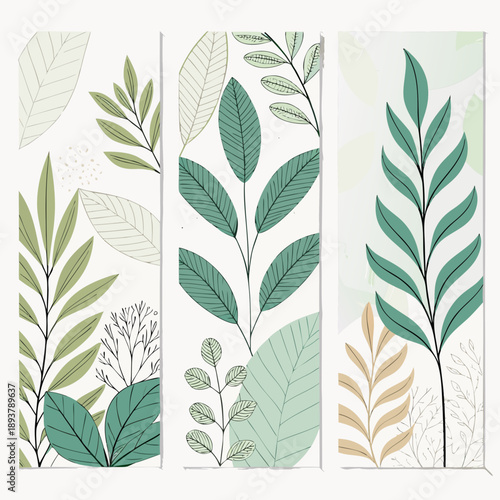 Triptych of botanical illustrations featuring leaves in various shades of green and brown, showcasing different species and textures in a minimalist style.
