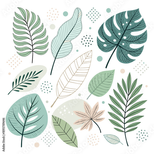 Illustration of assorted leaves and foliage in various shades of green and beige, arranged in a decorative pattern with abstract shapes and dots.