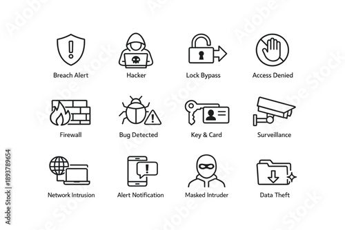 Cybersecurity icons illustrating breach alert, hacker, lock bypass, access denied, and more