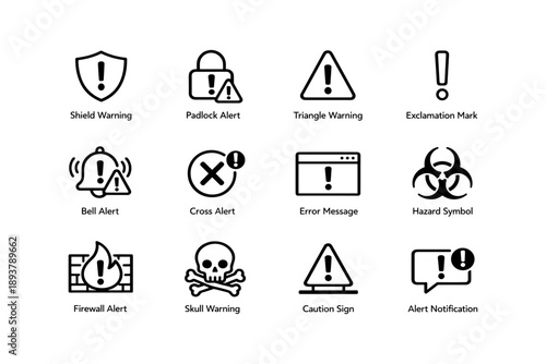 Alert and warning icons set: shield, padlock, triangle, bell, cross, error, hazard