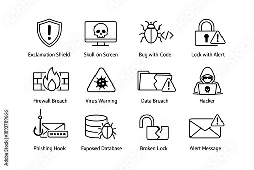 Cybersecurity icons illustrating data breach and online threats