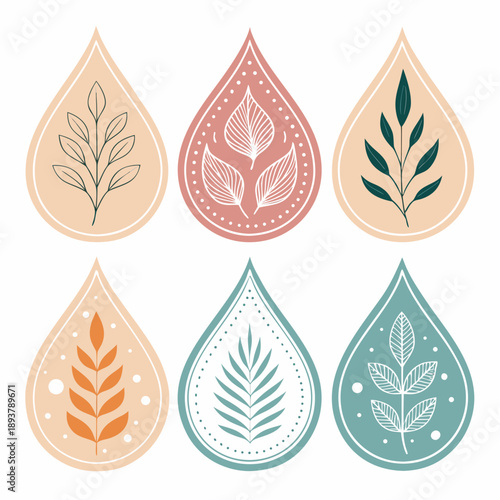 Six teardrop shapes with various leaf designs in different colors and patterns, illustrations, viewed from directly above