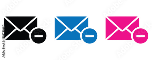Email delete icon set black, blue, and pink message remove symbol