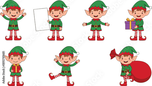 Cute cartoon Christmas elf character set in different poses with gift, signboard and festive holiday illustration