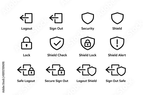 Logout and security icons set: lock, shield, sign out symbols for safe access