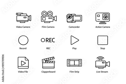 Icon set of video equipment and media controls including cameras and symbols