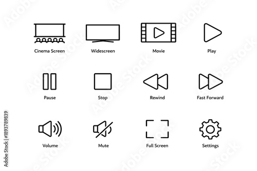 Minimalist multimedia icons for playback and settings interface design