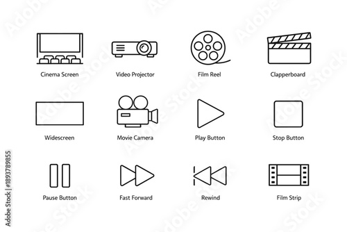 Cinema and video equipment icons set: screen, projector, film reel, clapperboard, controls