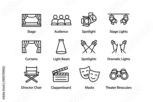 Theater icons set: stage, audience, spotlight, curtains, director chair, clapperboard, masks, binoculars