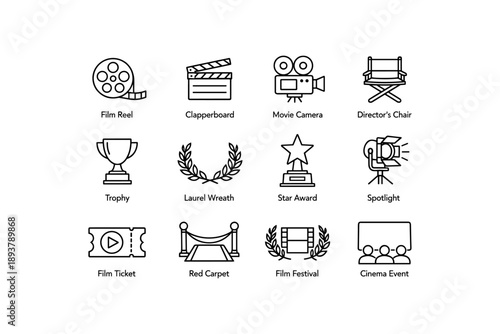 Film industry icons: clapperboard, movie camera, director's chair, film reel, awards