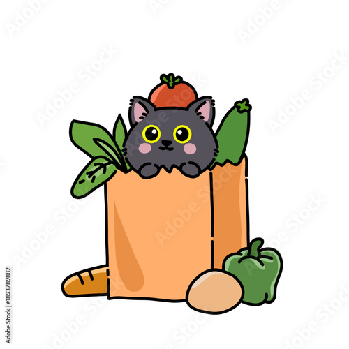 Cute colorful cat sitting inside grocery bag with vegetables, playful and charming illustration for food, shopping, organic lifestyle, pet branding, and cheerful designs.