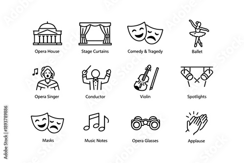 Performing arts icons: opera house, ballet, comedy, music, applause
