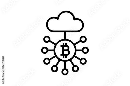 A minimalist vector graphic of a cloud connected to a Bitcoin symbol