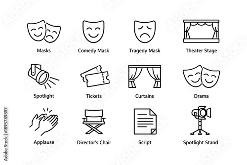 Theater icons: masks, stage, spotlight, and essential drama elements