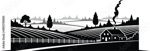 Rural landscape with a farmhouse and vineyards at sunset