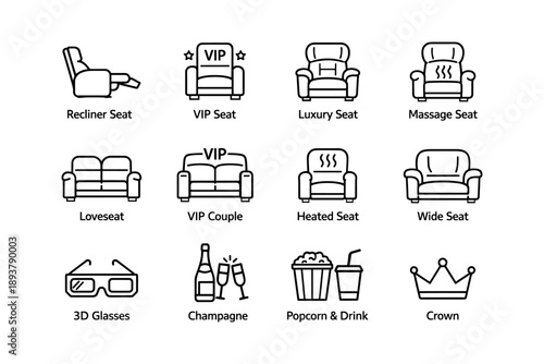Theater seating icons: recliner, vip, luxury, massage, loveseat, heated, wide, 3d glasses, champagne, popcorn