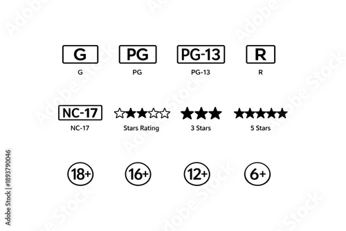 Film and game rating symbols: g, pg, pg-13, r, nc-17, star ratings, age restrictions