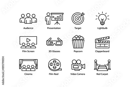 Cinema icons: presentation, target, lightbulb, film screen, 3d glasses, popcorn, clapperboard, cinema, film reel, video camera, red carpet