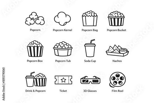 Movie theater snack icons: popcorn, soda, nachos, tickets, 3d glasses, film reel
