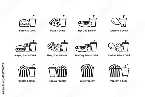 Fast food combos: burgers, pizza, hot dogs, chicken, popcorn with drinks