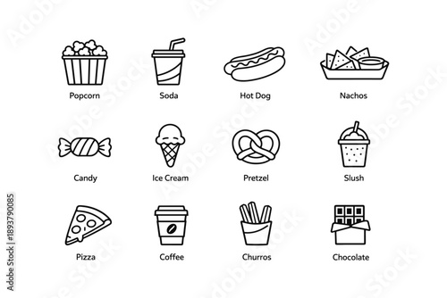 Icon set of popular snacks and beverages: popcorn, soda, hot dog, nachos, candy, ice cream, pretzel, slush, pizza, coffee, churros, chocolate