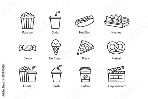 Cinema snack icons: popcorn, soda, pizza, coffee, slush, clapperboard