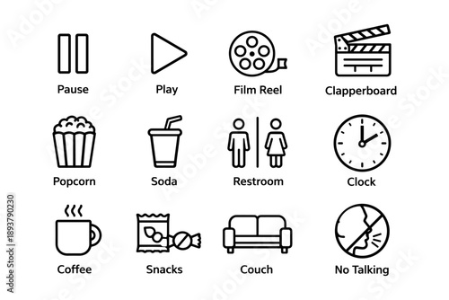 Minimalist movie icons: play, film reel, popcorn, soda, restroom, clock, snacks, couch, no talking