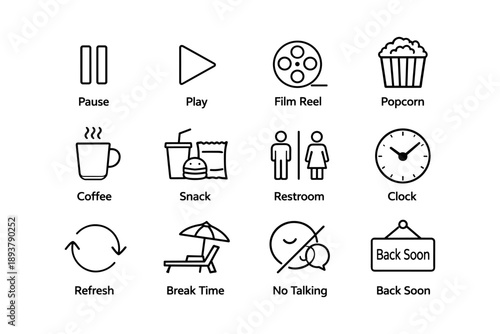 Icon set for entertainment and daily activities with break and snack time