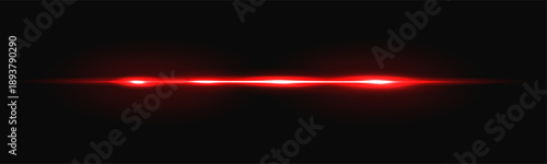 Red laser beam with neon glowing light and speed flare for tech digital background. Bright energy ray with shine effect in dark space. Abstract horizontal isolated vector line overlay