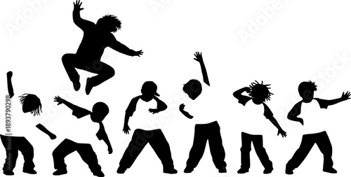 Children dancing street dance silhouette vector illustration. Hip hop, break dance, juzz funk, rap, freestyle