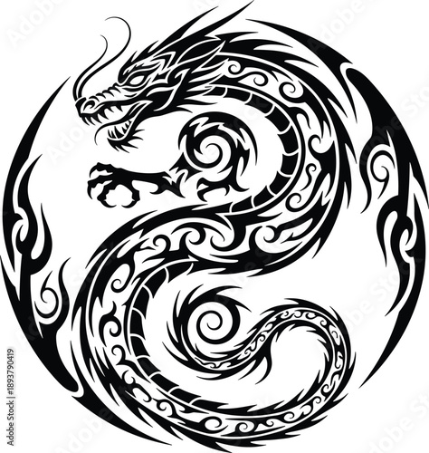 Tribal dragon vector illustration, black and white circular serpent silhouette, stylized mythical creature tattoo design, oriental fantasy beast art for graphic branding elements