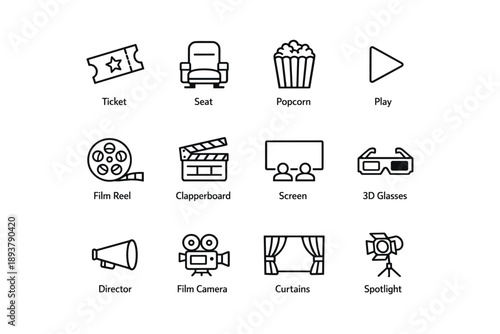 Cinema icons set featuring ticket, seat, popcorn, and film symbols