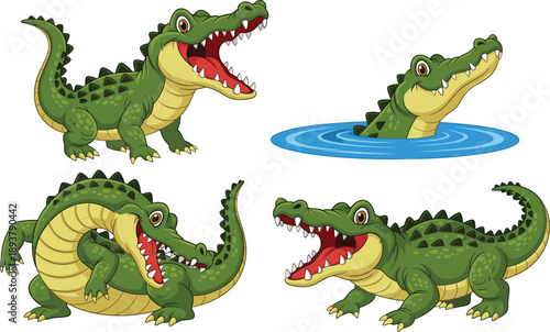 Cute cartoon crocodile character set in different poses with water, funny wild reptile illustration collection